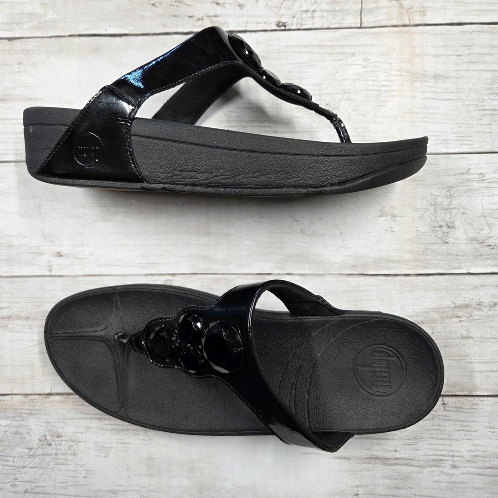 FitFlop Thong Sandals Womens 8 Black Crystal Embellished Patent Wedge Slides